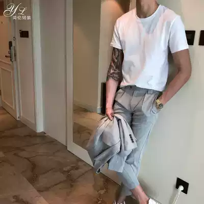 Summer Korean men's men's solid color cotton bottomed short sleeve T-shirt Korean version of Japanese Hong Kong style casual round neck shirt men