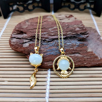 Ancient method silver plated gold inlaid jade natural Hetian Jade baby fox necklace pendant non-phase Buddha choker summer accessories