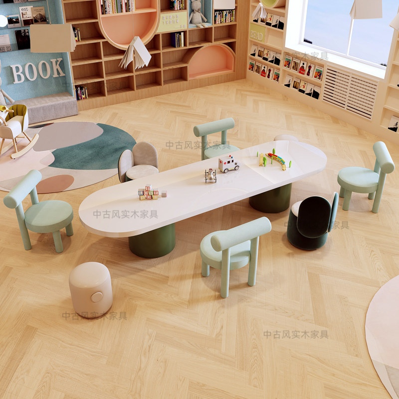 Medieval-Style Hand-Painted Tables and Chairs for Children, Sales Office Sets, Kindergarten Learning Desks, Training Tables, and Game Tables
