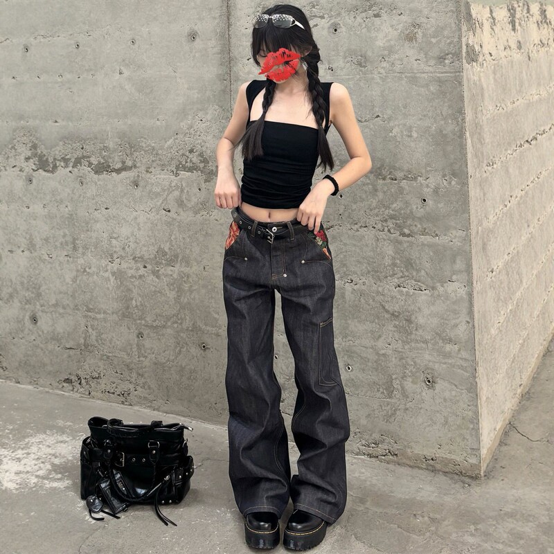 Petite Women's Straight-Leg Jeans with Red Trim and Floral Embroidery, Wide-Leg Pants, New Summer Floor-Length Trousers