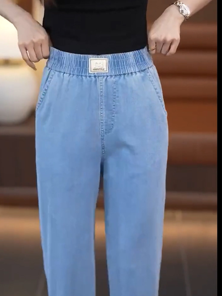 夏季天丝薄款牛仔裤女松紧腰窄版阔腿裤冰丝垂感小个子休闲直筒裤详情5