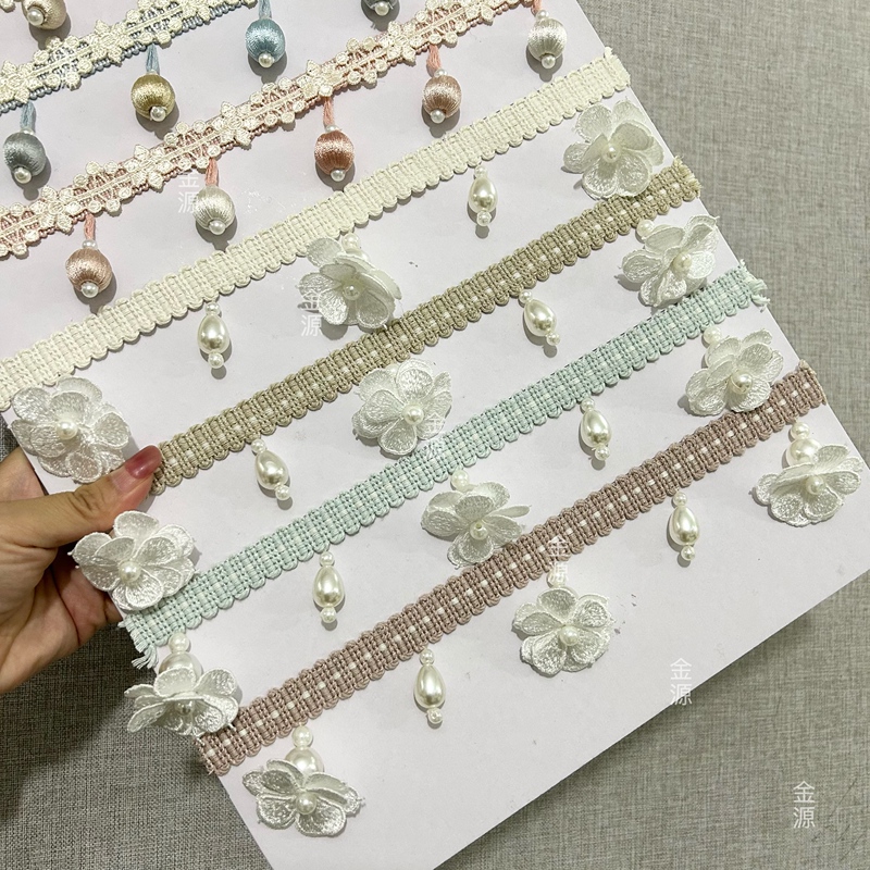Golden Lace Curtains with a High-End Feel, Featuring Exquisite Hanging Tassels and Pearl Gardenia Flowers