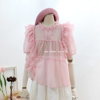 ເສື້ອ doll ສີບົວ fairy wood ear-hemmed 2026 summer french girly style custom-dyed beaded light chiffon shirt