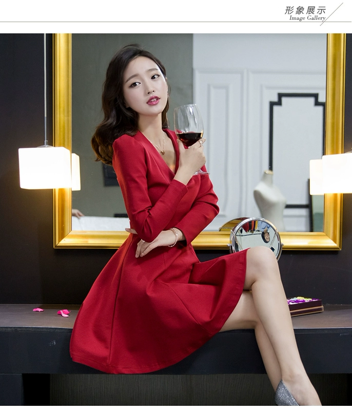 Váy nhung nữ mùa thu đông 2018 phiên bản mới của Hàn Quốc có phần dài size lớn cổ chữ V dày dầy Một chiếc váy đáy chữ