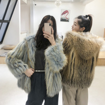  Red fox hair woven fur coat womens short hooded blue car coat tide 2021 new fashion trend