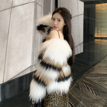  2021 autumn and winter new raccoon hair woven fur coat womens short contrast striped casual coat fox hair