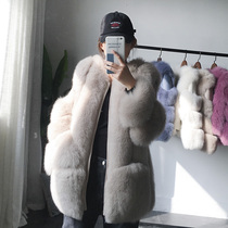  2021 autumn and winter new imported whole leather fox fur grass coat womens mid-length fur fur coat pocket