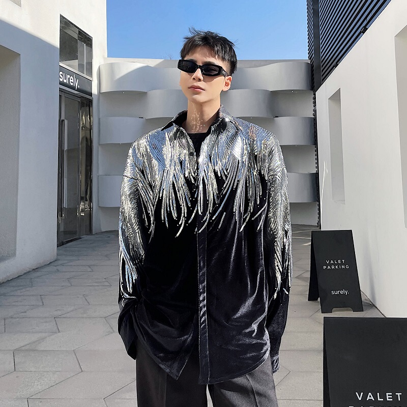 Yuppie Street Style Silver Sequin Reflective Shirt for Male and Female Singers, Evening Party Stage Performance Outfit, Gold Velvet Jacket