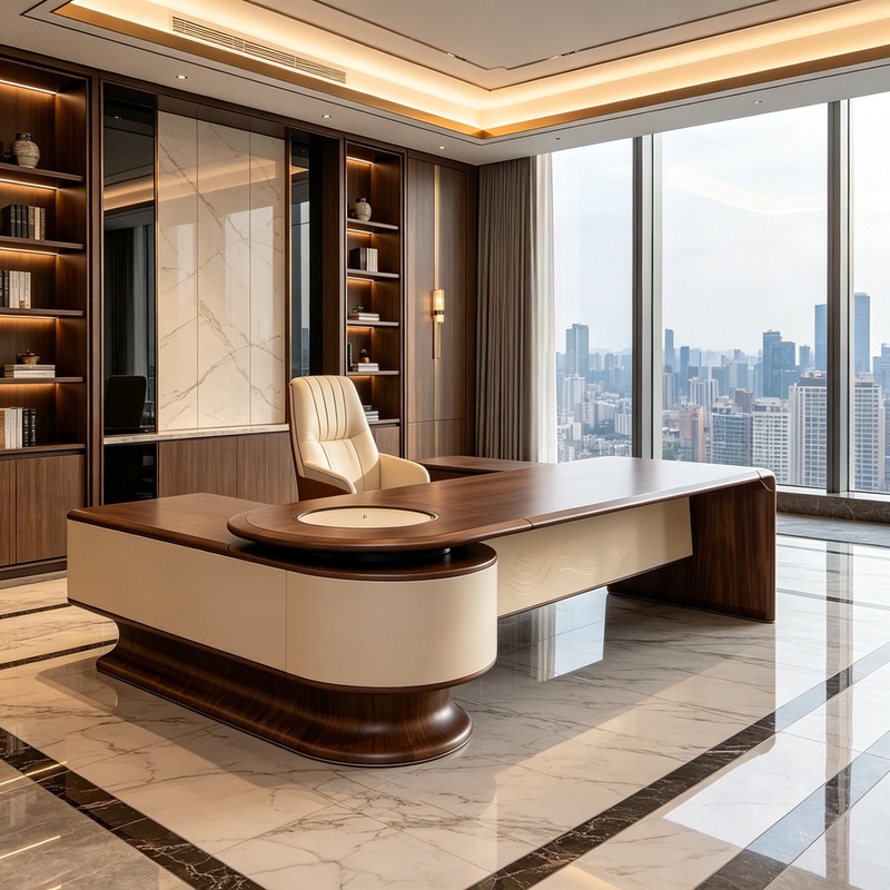 Minimalist Walnut Wood Soft-Covered Curved Executive Desk, Light Luxury Boss Desk, High-End Office Executive Desk