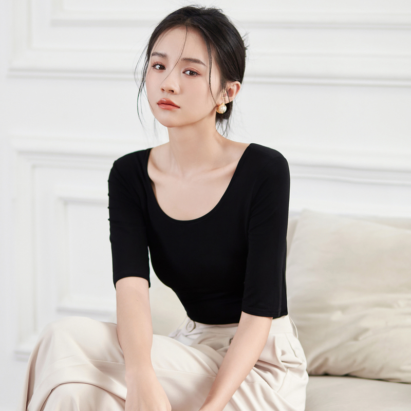 Modal Mid-Sleeve Base Shirt for Women, Low-Neck, Slim Fit, Inner Layer, 2026 New Style, Three-Quarter Sleeves, Spring and Summer, Stylish Top, Black