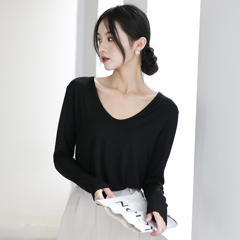 Modal Long-Sleeve T-Shirt for Women, 2026 Spring, Autumn, and Winter, Loose-Fitting Base Layer, Low-Neck, Large V-Neck Top, Black