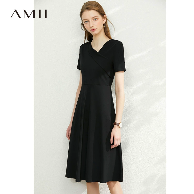 Amii French Hepburn phong cách khí chất váy đen nữ 2021 váy a-line mùa hè mới cổ chữ V váy mỏng - A-Line Váy