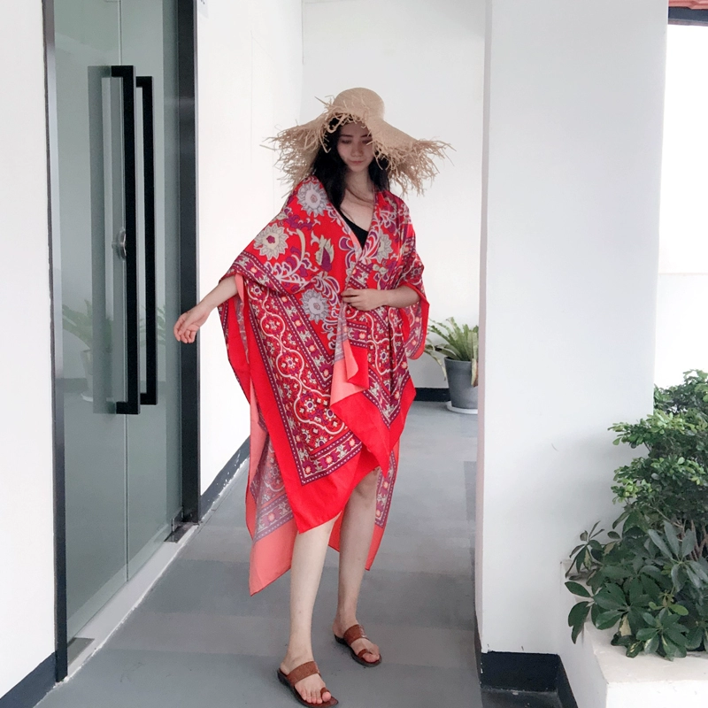 Sa mạc Bali Beach Du lịch Ngày lễ Áo rộng Loose Kỳ lạ Thổ Nhĩ Kỳ Morocco In Quần áo chống nắng chiffon - Áo sơ mi chiffon ren