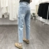 Quần jeans sáng màu mùa hè mỏng mảnh Hồng Kông hương vị cao eo lỏng lẻo lỏng mỏng ăn xin thẳng lỗ thủng chín điểm quần thủy triều - Quần jean