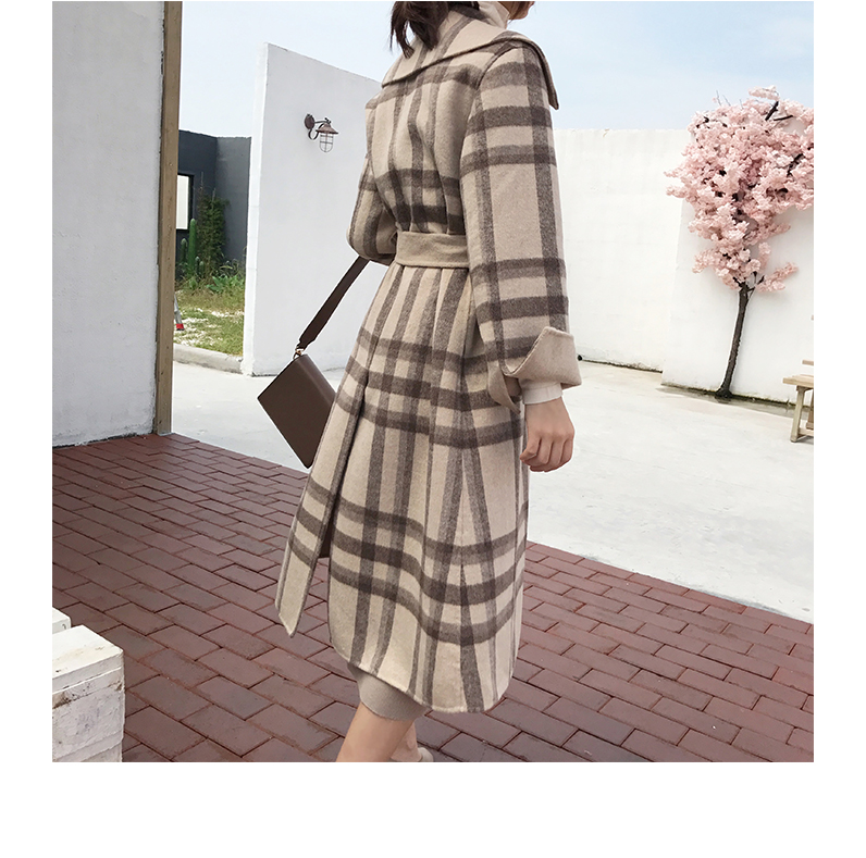 Mùa thu và mùa đông 2018 áo khoác len nữ tartan phổ biến mới cà vạt với đoạn dài 100% len lông hai mặt áo gió nữ đẹp