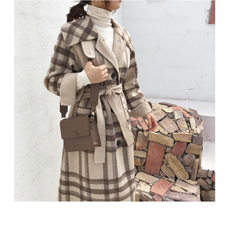 Mùa thu và mùa đông 2018 áo khoác len nữ tartan phổ biến mới cà vạt với đoạn dài 100% len lông hai mặt áo gió nữ đẹp