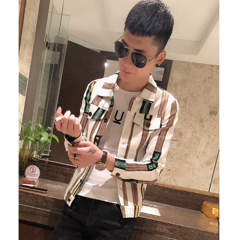 Spiritual guy slim thin coat top autumn and winter personality striped handsome jacket youth men's trendy men's new clothes