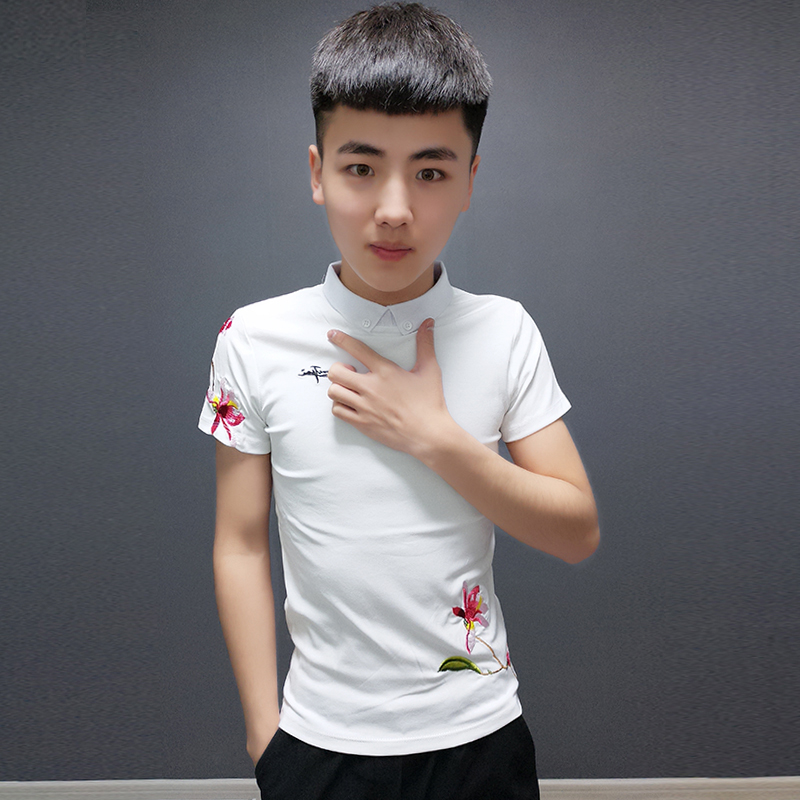 Polo shirt summer new men's fashion plant flower embroidery lapel black top trendy social guy Kuaishou same style