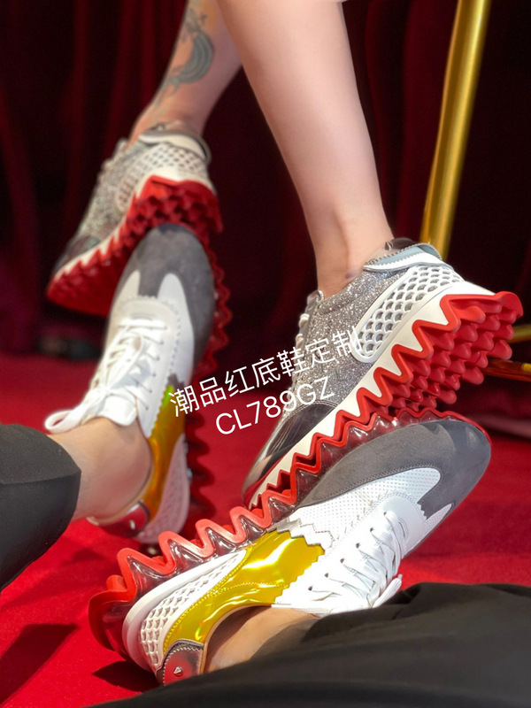 2026 New Model Cl Men's Shoes with Rhinestones, Shark Tooth Thick Sole, Height-Increasing Red Sole Shoes, Black Genuine Leather Women's Shoes, Couple Style, Color-Blocking