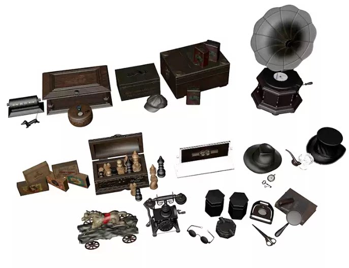 C4D FBX STL OBJ SU复古老物件留声机帽子电话剪刀烟斗盒子3D模型