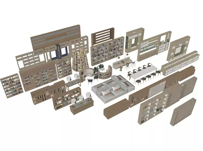 C4D FBX STL OBJ SU图书架书籍书本书柜展示架沙发休息区三维模型