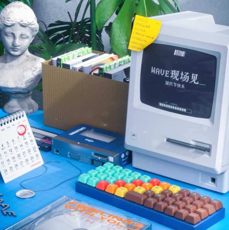 C4D音乐节复古电脑键盘艺术唱片海报工程场景模型OC渲染带贴图