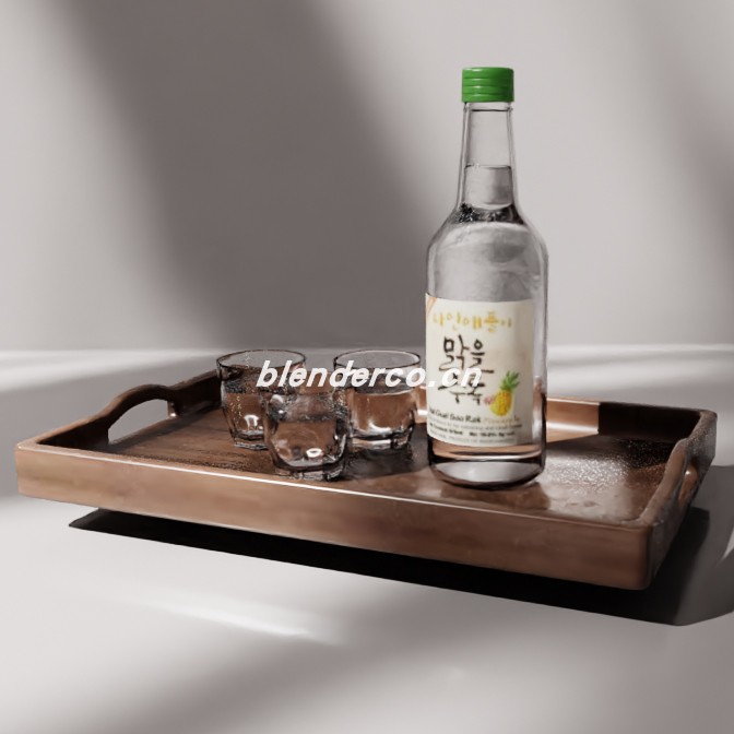 blender木托盘上的烧酒和玻璃杯模型_blender布的67