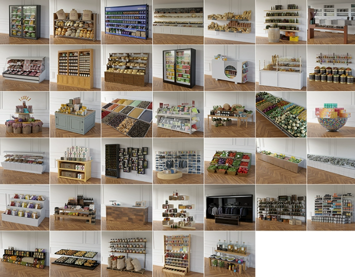 C4D超市陈列场景FBX蔬菜OBJ水果Blender罐装食品面包冷藏食品素材