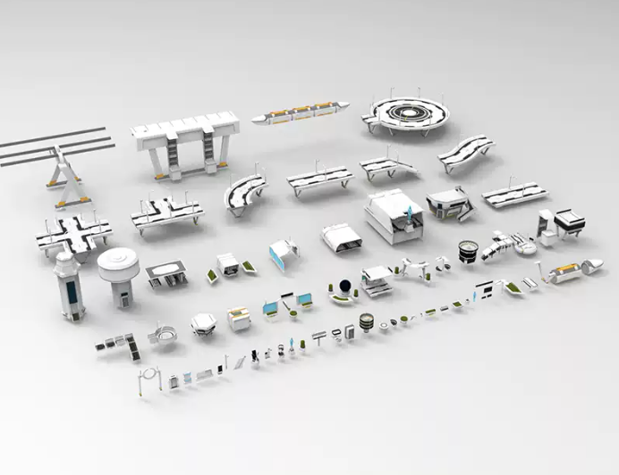 C4D科幻城市FBX太空场景OBJ平台Blender塔楼飞行器建筑3D交通设施