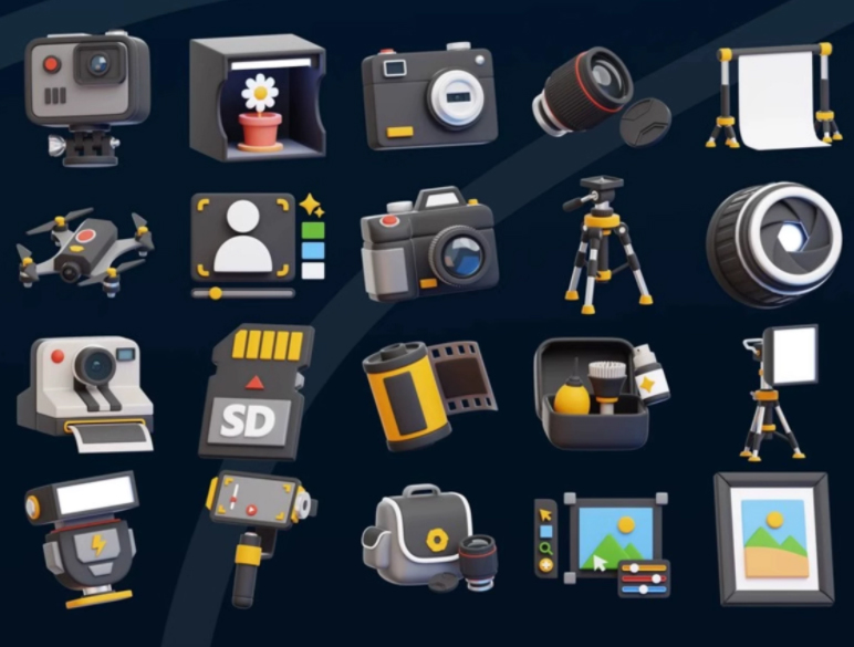 20款质感摄影拍摄相机设备3D立体图标Blender/FBX/PNG格式素材
