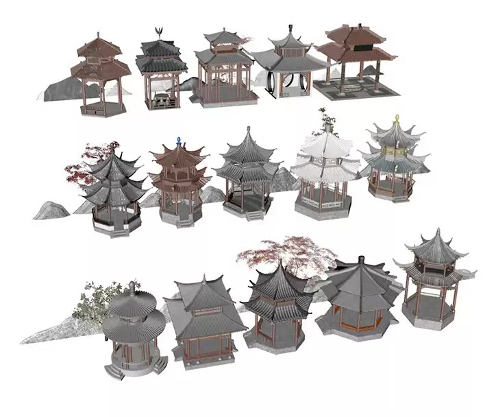 FBX STL OBJ SU中式庭院亭子八角亭园林假山石园林景观三维模型