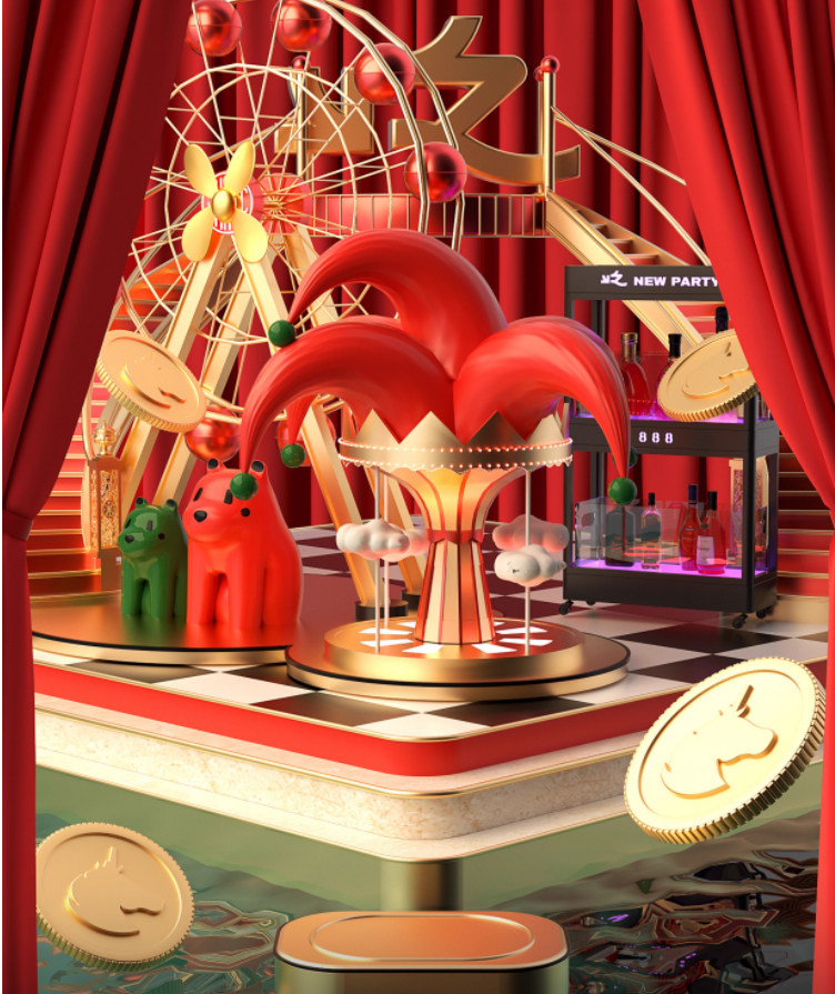 C4D愚人节舞台游乐园摩天轮旋转木马节日海报场景OC渲染模型