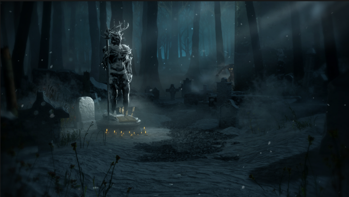 C4D写实朋克幽暗黑暗墓园雕塑士兵3D模型OC渲染场景