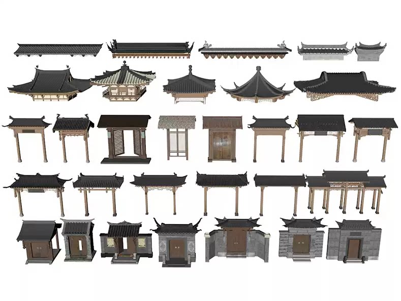 C4D FBX STL OBJ SU中式建筑屋顶飞檐房顶院门庭院大门三维3D模型