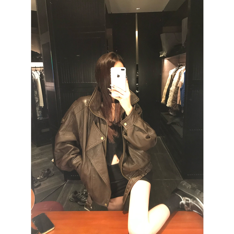 Coco Fur Imported Sheepskin Modern Distressed Leather Heavy-Duty Genuine Leather Jacket Motorcycle Leather Jacket