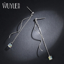 Aurora sugar square ear line suitable for round face earrings 925 silver imitation crystal earrings temperament Korean long thin thin