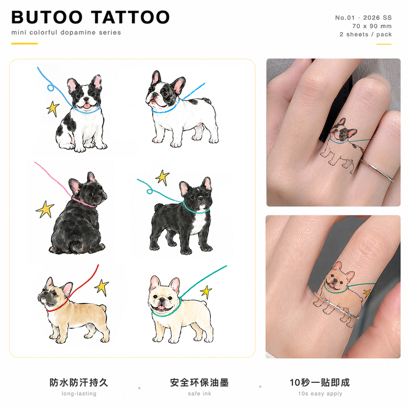 Butoo Tattoo Stickers Cute Dog Diary French Bulldog Puppy Tattoo Stickers for Women Waterproof Long-Lasting Finger Cute Stickers Butoo Tattoo Stickers Cute Dog Diary French Bulldog Puppy Tattoo Stickers for Women Waterproof Long-Lasting Finger Cute Stickers