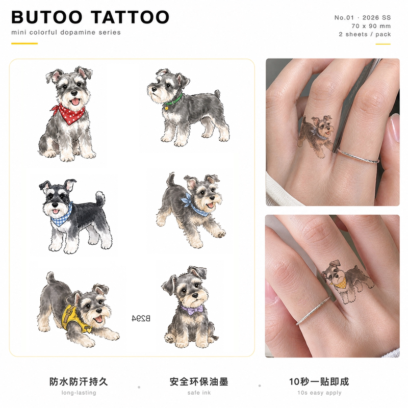 Butoo Tattoo Stickers Cute Dog Diary Schnauzer Puppy Tattoo Stickers for Women Waterproof Long-Lasting Finger Mini Tattoo Stickers