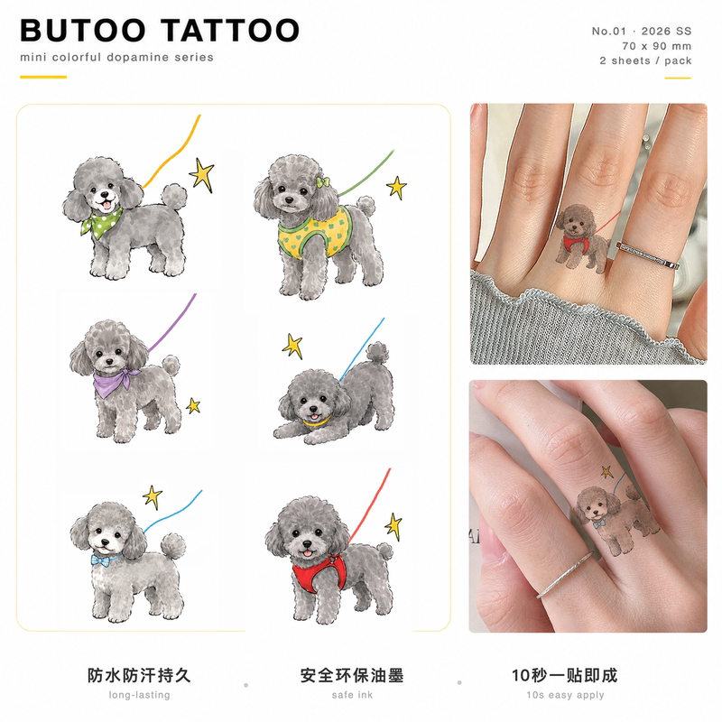 Butoo Tattoo Stickers Cute Dog Diary Teddy Ring Tattoo Stickers for Women Waterproof Long-Lasting Finger Puppy Stickers
