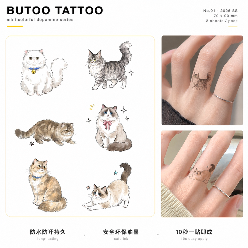 Butoo Tattoo Stickers Ragdoll Cat Persian Cat Finger Tattoo Stickers for Women Waterproof Long-Lasting Cute Cat Stickers