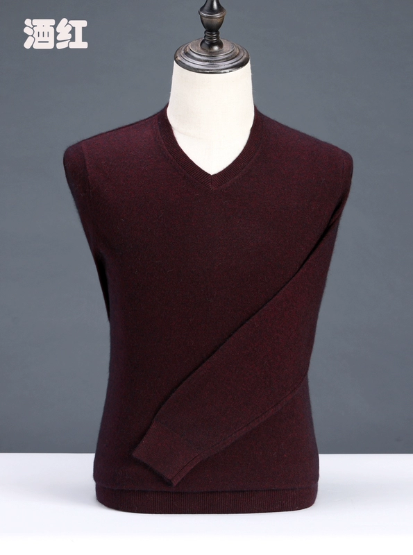 Chính hãng Ordos City nhung nam v-cổ áo thun phần cashmere màu rắn đan đan đáy áo len giản dị
