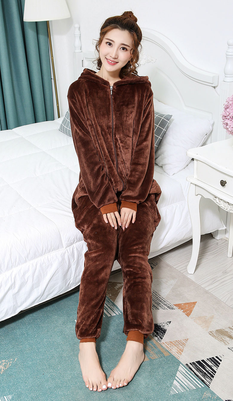 Mùa thu và mùa đông dày dây kéo flannel gấu nâu phim hoạt hình động vật liền kề người lớn đồ ngủ nam và nữ dịch vụ nhà đôi pijama nam