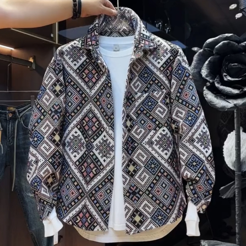 Autumn and Winter New Diamond-Shaped Woven Jacquard Lapel Shirt Jacket Men's Fashionable Versatile Cotton-Padded Warm Long-Sleeved Jacket