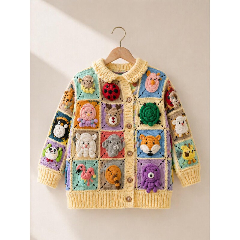 Girls' Summer Children's Granny Square 3D Cartoon Animal Knitted Cardigan Jacket, Little Girl's Handcrafted Sweater