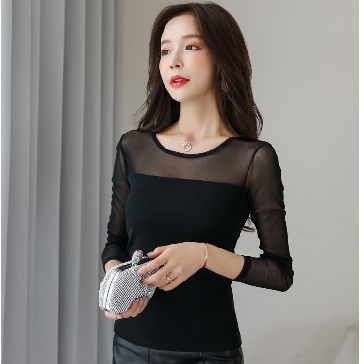Spring and Autumn New Style Slim Fit Plus Size Round Neck Lace Shirt Mesh Base Shirt Long Sleeve T-Shirt Women's Versatile Outerwear Top