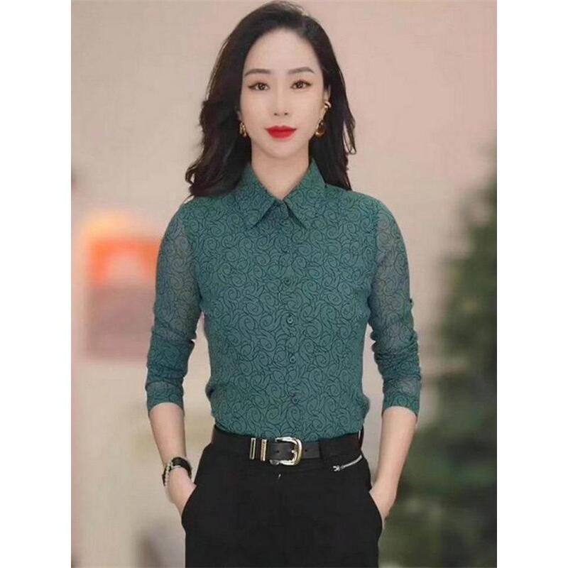 Brother's Department Store Same Style Long-Sleeved Shirt 2026 Spring and Autumn Versatile Polo Collar Elastic Mesh Printed Shirt Women's Top