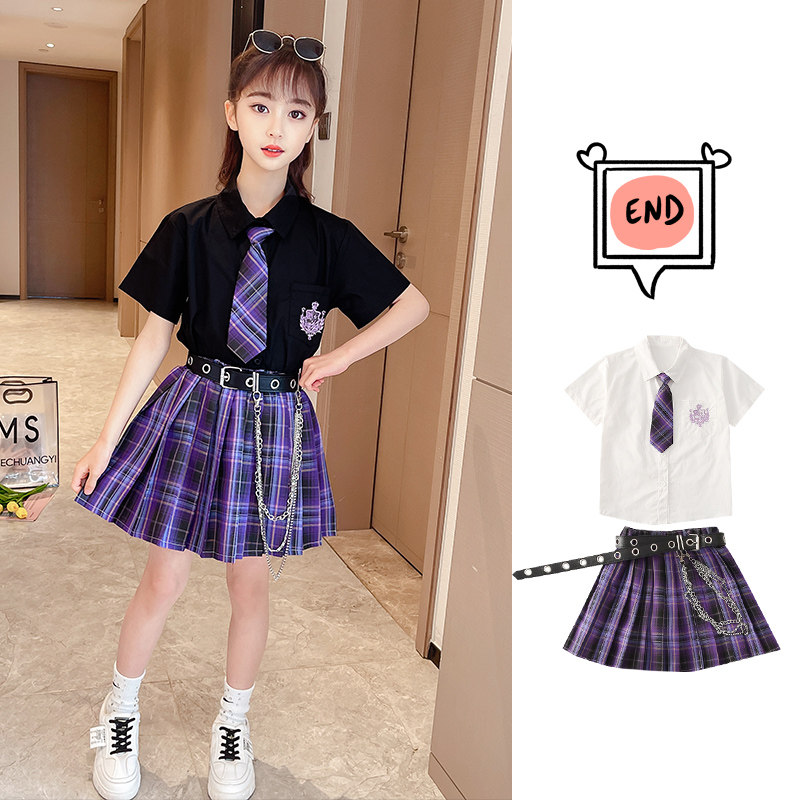 Dark Black Ensemble Jk Uniform Skirt Girl Genuine Summer Children Short Sleeve Elementary School Pupils Goskirt Academy Wind Plexigula Skirt Suit
