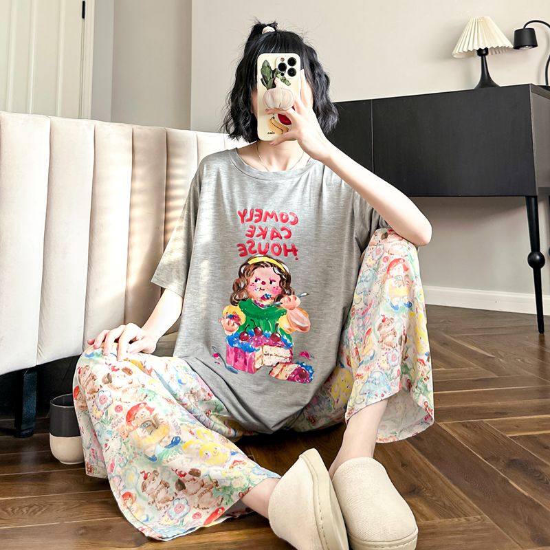 Shiyu Oil Painting Cartoon Modal Pajamas for Women Summer Short Sleeve Long Pants Ice Silk Cool Cute Japanese Style Homewear