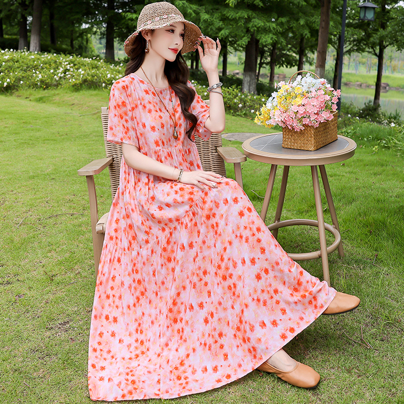 Floral Dress for Women, Summer 2026 New Popular Style, Loose Fit, Tummy-Concealing, Elegant, High-End Casual Cotton Silk Dress for Moms Floral Dress for Women, Summer 2026 New Popular Style, Loose Fit, Tummy-Concealing, Elegant, High-End Casual Cotton Silk Dress for Moms