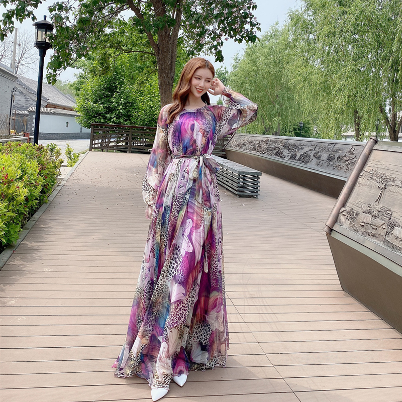 Leopard Print Elegant Resort Style Long-Sleeved Dress for Women, New Spring and Summer Ankle-Length, Wide Hem, Floor-Length, Loose, Plus-Size Long Dress